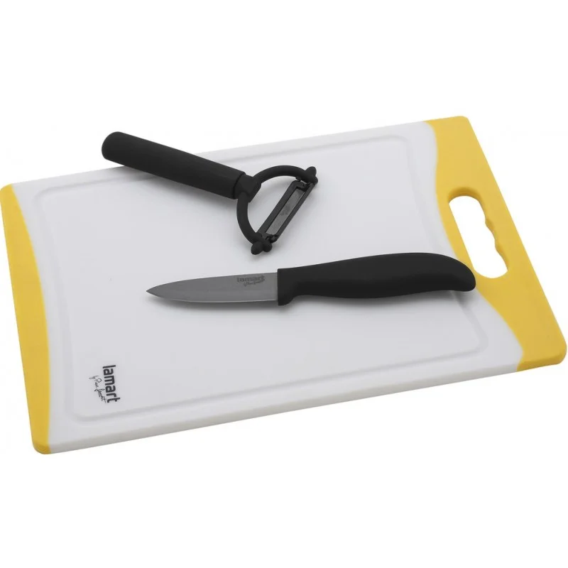 Zlevněný LAMART LT2017 NOIR Sada 3ks - keramický nůž 7,5 cm, škrabka a prkénko žluté, 42000486